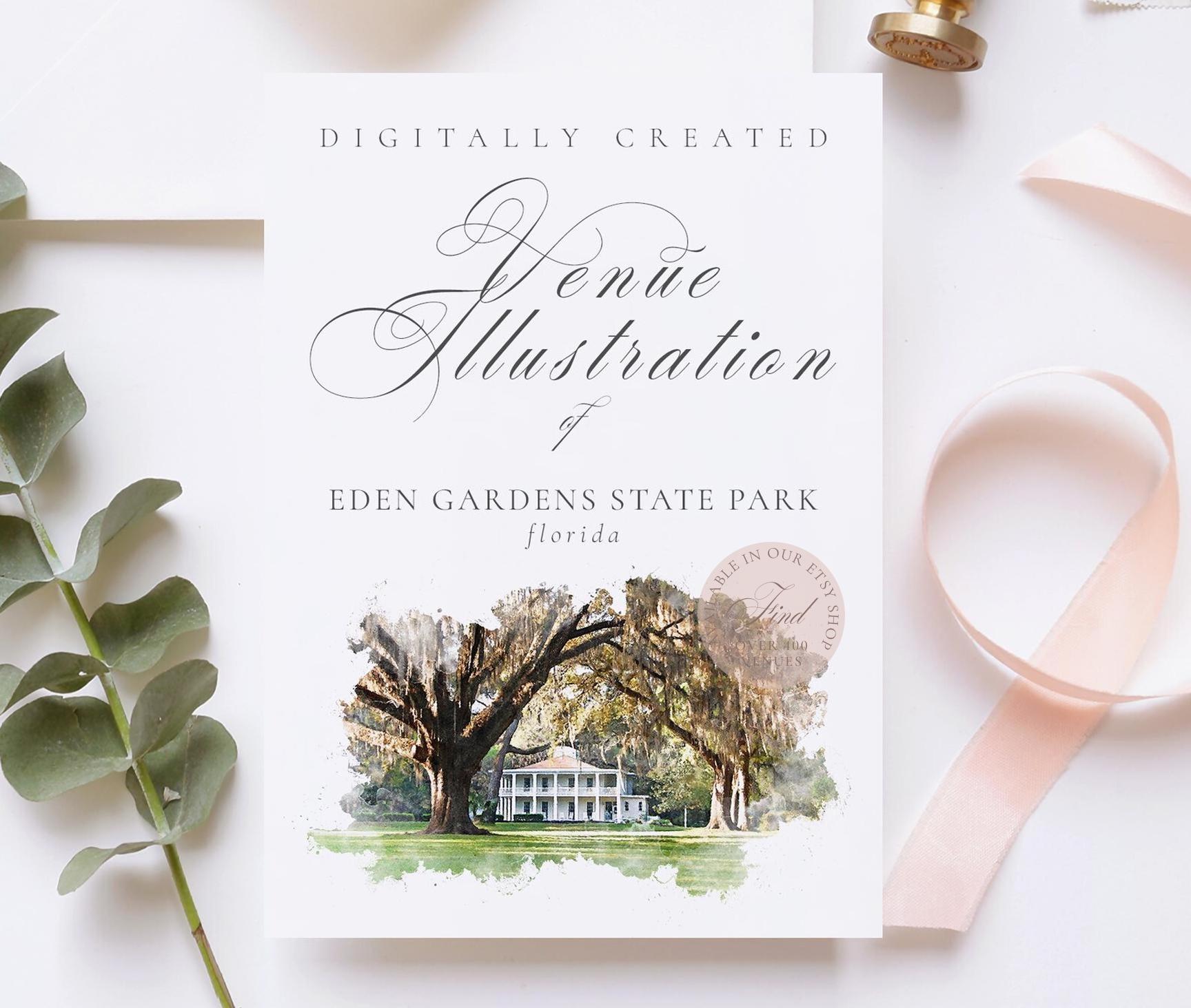 Illustrationsdatei für den Hochzeitsort des Eden Gardens State Park in Florida, USA - erstellt aus digitalen Aquarellpinseln als JPG- und PNG-Datei zum Herunterladen
