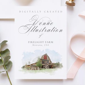 May include: Digitally created watercolor illustration of Firelight Farm in Montana, USA. The illustration depicts a red barn with a white roof and a wooden porch. The barn is surrounded by green grass and trees.