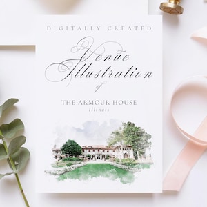Wedding venue illustration file of The Armour House at Lake Forest Academy, IL USA - created from digital watercolour brushes downloadable