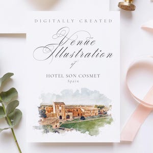 May include: Digitally created watercolor illustration of Hotel Son Cosmet in Spain. The illustration depicts a building with a green lawn and a blue sky.