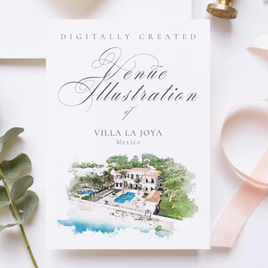 May include: Digitally created watercolor illustration of Villa La Joya in Mexico. The illustration shows a white building with a swimming pool and palm trees.