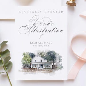 May include: Digitally created watercolor illustration of Kimball Hall in Georgia, USA. The illustration depicts a white house with a porch and surrounding trees.