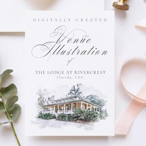 Wedding venue illustration file of  The Lodge at Rivercrest USA - created from digital watercolour brushes downloadable JPG & PNG