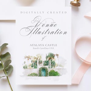 Atalaya Castle, South Carolina USA Wedding venue illustration file - created from digital watercolour brushes downloadable JPG & PNG