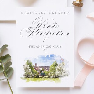 Wedding venue illustration file of The American Club, Wisconsin, USA - created from digital watercolour brushes downloadable JPG & PNG