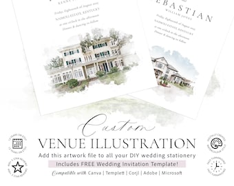 Wedding venue illustration file created from digital watercolour brushes downloadable watercolor venue art file for invitations high res
