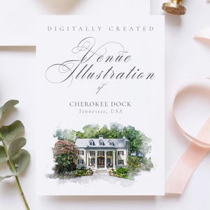 Wedding venue illustration file of Cherokee Dock, Tennessee USA - created from digital watercolour brushes downloadable JPG & PNG