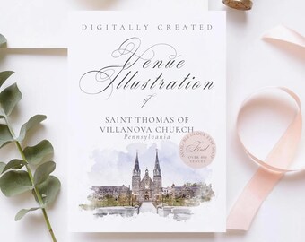 Wedding venue illustration file of Saint Thomas of Villanova Church USA - created from digital watercolour brushes downloadable JPG & PNG