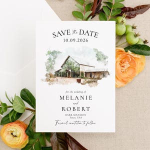 Save the Date Card with Watercolour Venue, 5x7 Created using your image, Watercolour Wedding Venue, Save the Date cards, includes envelopes