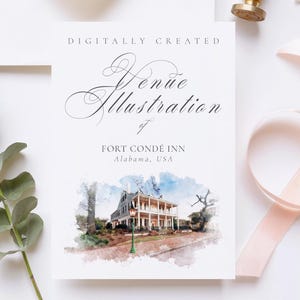 Wedding venue illustration file of The Fort Conde Inn, USA - created from digital watercolour brushes downloadable JPG & PNG