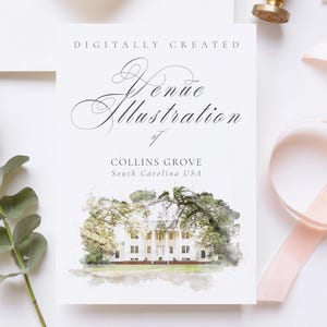 Wedding venue illustration file of Collins Grove, South Carolina USA - created from digital watercolour brushes downloadable JPG and PNG