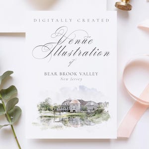 Wedding venue illustration file of Bear Brook Valley - New Jersey, USA - created from digital watercolour brushes downloadable JPG & PNG