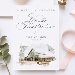 May include: Digitally created watercolor illustration of Barr Mansion in Texas, USA. The illustration depicts a white building with large windows and a green roof, surrounded by trees and greenery.