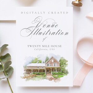 Wedding venue illustration file of Twenty Mile House, California, USA - created from digital watercolour brushes downloadable for stationery