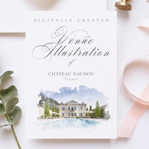 Wedding venue illustration file of Chateau Naudou - created from digital watercolour brushes downloadable JPG & PNG