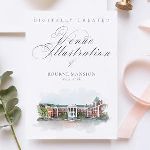 Illustratiebestand trouwlocatie van Bourne Mansion New York, VS - gemaakt met digitale aquarelpenselen, downloadbare JPG en PNG Instant
