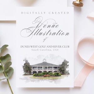 Wedding venue illustration file of the Dunes West Golf and River Club USA - created from digital watercolour brushes downloadable JPG & PNG