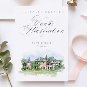 Op de afbeelding: Een digitaal gemaakte illustratie van Bartle Hall, Engeland, op een witte kaart. De aquarel-achtige afbeelding toont een bakstenen gebouw met klimop, tegen een groen landschap. De kaart is omgeven door groen en een roze lint.