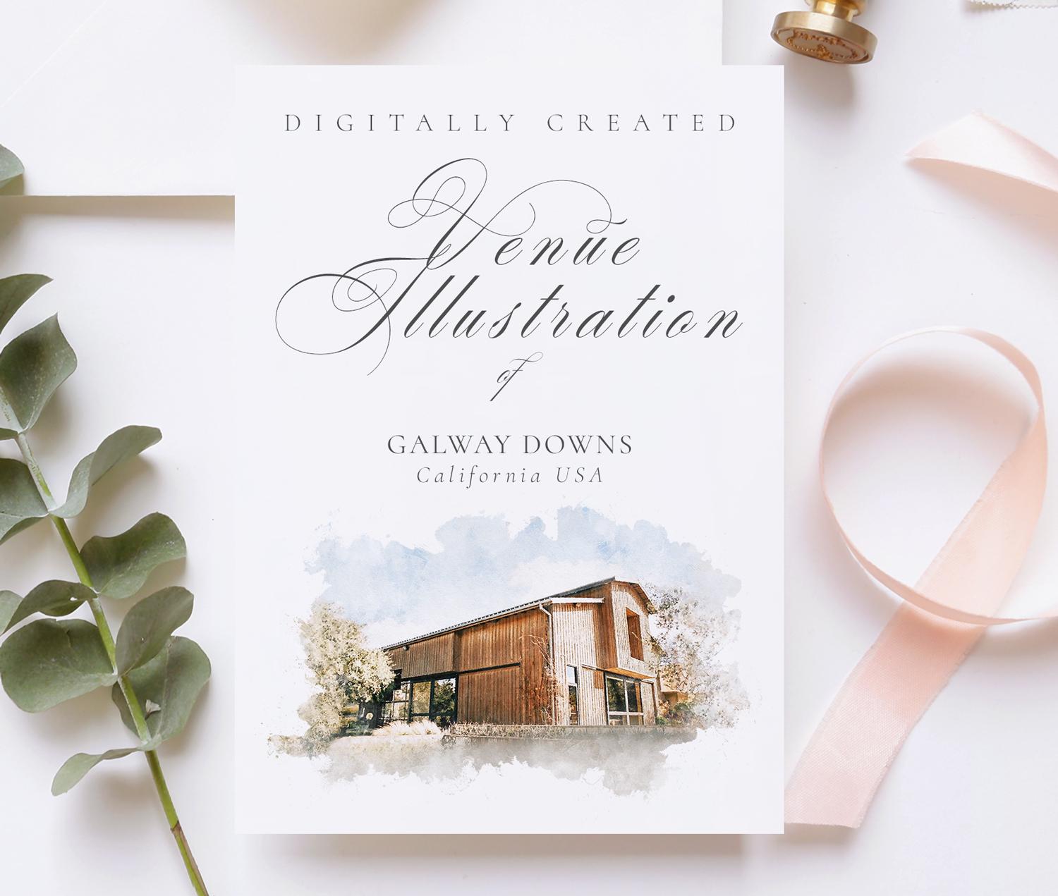 Wedding venue illustration file of Galway Downs California USA - created from digital watercolour brushes downloadable JPG & PNG