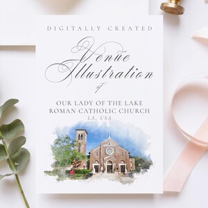 Wedding venue illustration file of Our Lady of the Lake Roman Catholic Church LA USA - created from digital watercolour brushes downloadable