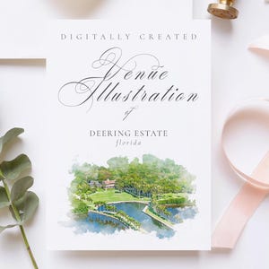 Wedding venue illustration file of Deering Estate - Florida, USA - created from digital watercolour brushes downloadable JPG & PNG