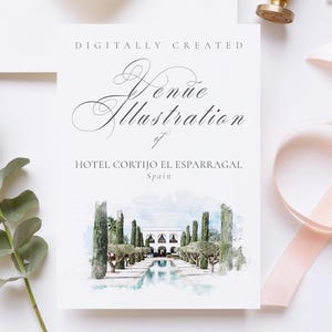 Wedding venue illustration file of Hotel Cortijo El Esparragal, Spain - created from digital watercolour brushes downloadable JPG