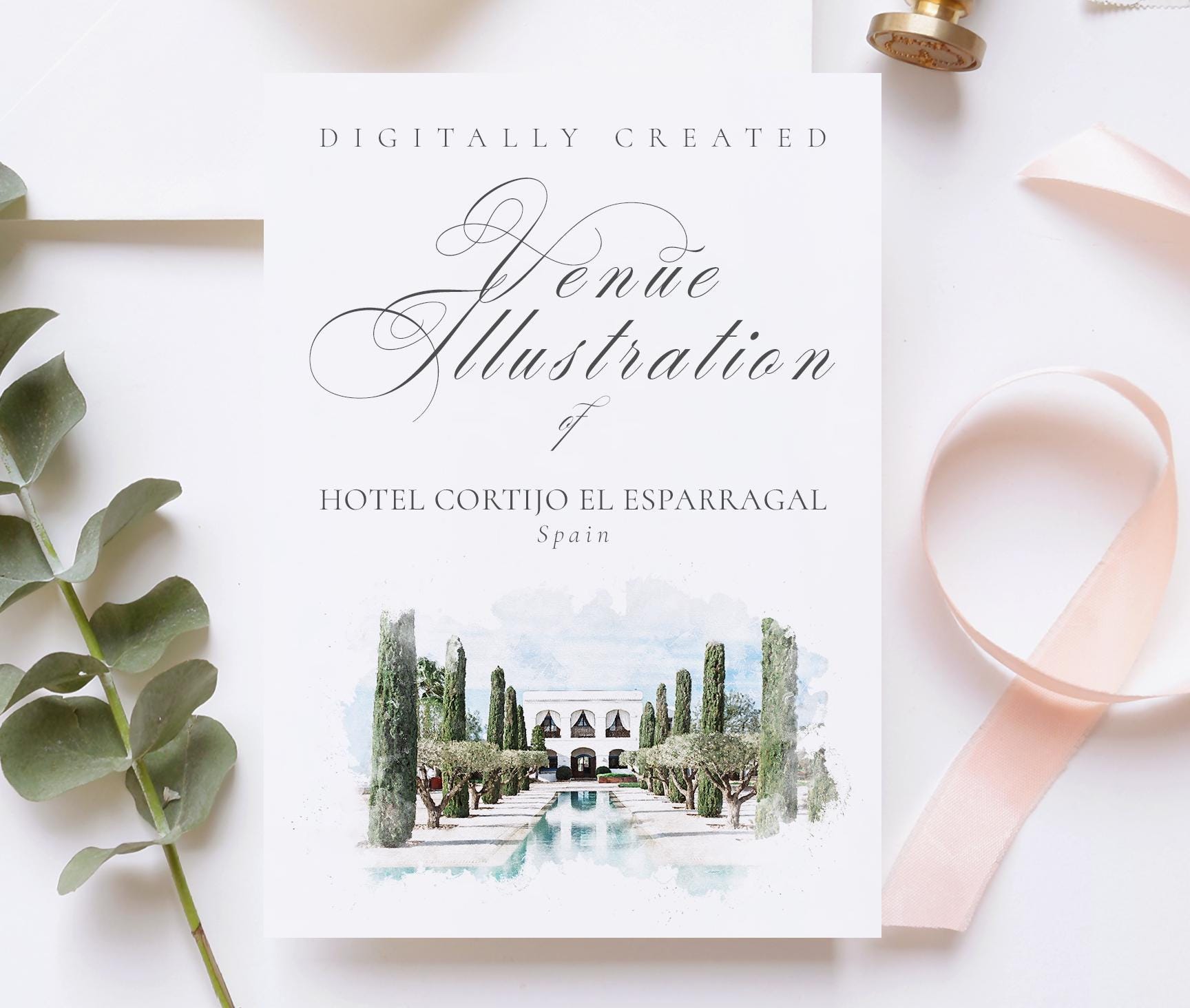 Wedding venue illustration file of Hotel Cortijo El Esparragal, Spain - created from digital watercolour brushes downloadable JPG