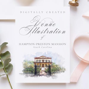 Wedding venue illustration file of Hampton Preston Mansion - South Carolina USA - created from digital watercolour brushes downloadable JPG