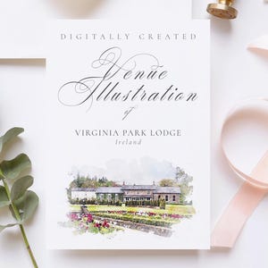 Wedding venue illustration file of Virginia Park Lodge, Ireland - created from digital watercolour brushes downloadable JPG & PNG