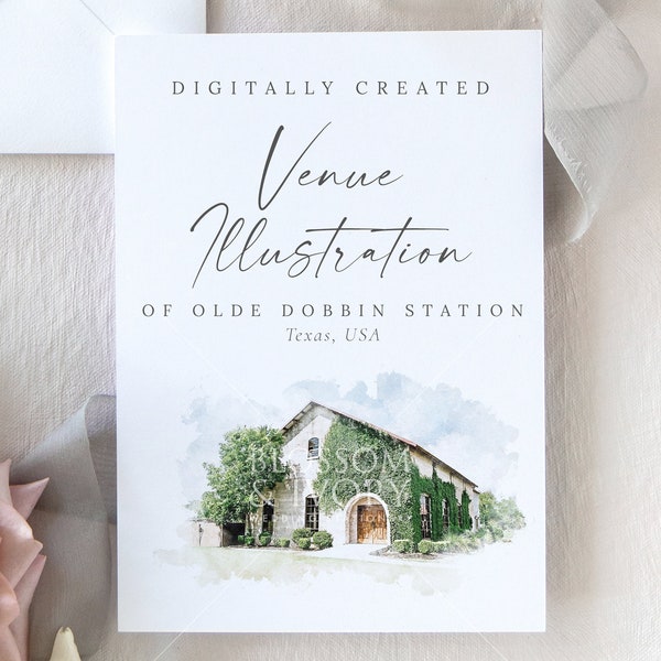 Wedding venue illustration file of Olde Dobbin Station, Texas USA - created from digital watercolour brushes downloadable JPG & PNG