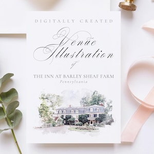 Wedding venue illustration file of the inn at Barley Sheaf Farm, Pennsylvania USA - created from digital watercolour brushes downloadable