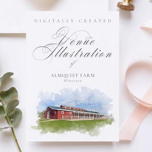 Wedding venue illustration file of the Almquist Farm Minnesota USA - created from digital watercolour brushes downloadable JPG & PNG