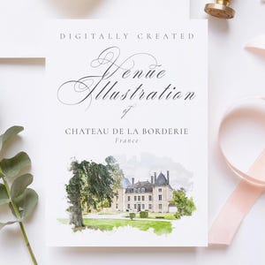 Wedding venue illustration file of Chateau de la Borderie, France - created from digital watercolour brushes downloadable JPG & PNG Sketch