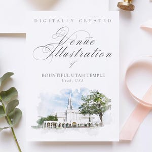 Wedding venue illustration file of the Bountiful Utah Temple USA - created from digital watercolour brushes downloadable JPG & PNG