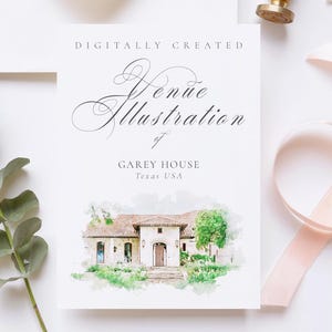 Wedding venue illustration file of Garey House, Texas USA - created from digital watercolour brushes downloadable JPG PNG