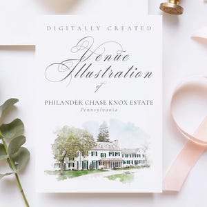 Wedding venue illustration file of Philander Chase Knox Estate Pennsylvania - created from digital watercolour brushes downloadable JPG PNG