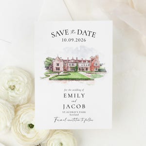 Save the Date Invitations with Venue Sketch, Created using your image, Watercolour Wedding Venue, 5x7 Save the Date includes envelopes