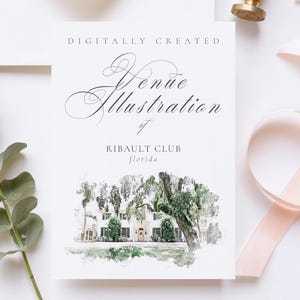 Wedding venue illustration file of Ribault Club, Florida, USA - created from digital watercolour brushes downloadable JPG & PNG