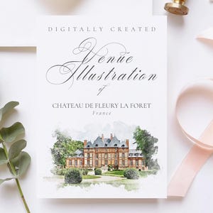 Wedding venue illustration file of the Chateau De Fleury La Floret France - created from digital watercolour brushes downloadable JPG & PNG