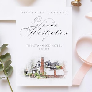 イギリスのスタンウィックホテルの結婚式場のイラストファイル - デジタル水彩ブラシで作成され、ダウンロード可能な JPG