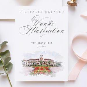 Wedding venue illustration file of Tesoro Club - Florida, USA - created from digital watercolour brushes downloadable JPG & PNG