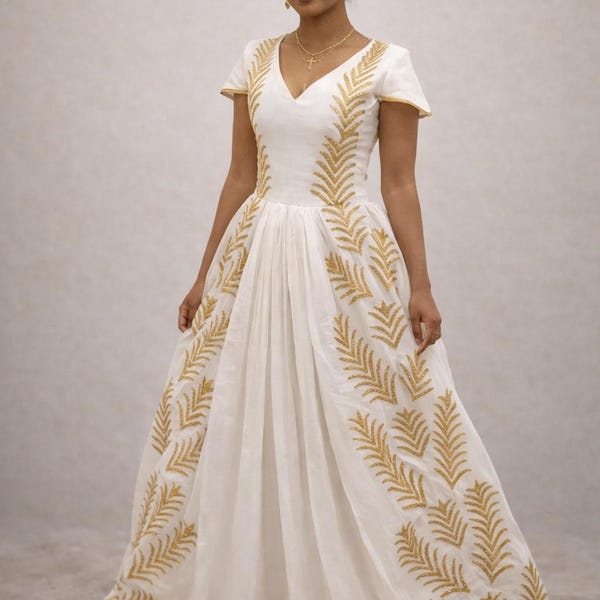Traditionelles äthiopisches Habesha Brautkleid | Brautkleid mit Blattgold bestickt