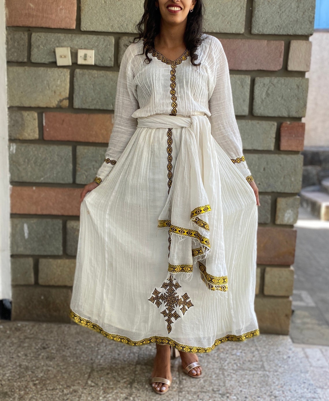 Golden & White Strapless wedding Habesha Dress Design main image 1
