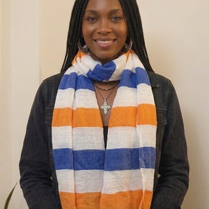 Handmade Cotton Acrylic Scarf, Blue Orange Stripe Boho Wrap