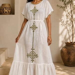 ethiopian cotton dress Handwoven Habesha Kemis: Ethiopian Cotton Dress with Tibeb Embroidery