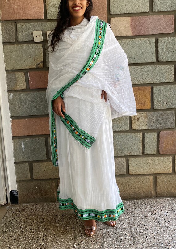 Handwoven Green Habesha Dress - Ethiopian Cotton Kemis, Cultural Wedding Attire