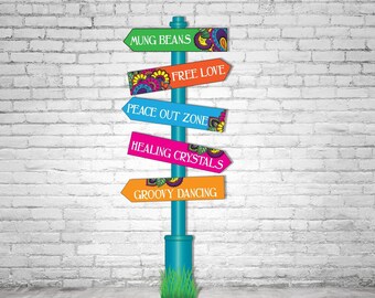 Hippie Signpost Photo booth Backdrop - PRINTABLE - 60s - 70s party decorations, Large PhotoBooth Prop, Hippie directional signs, Arrows