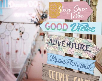 Sleepover party Directional signs, Photo booth props - PRINTABLE - party decorations, sign post, Boho, campout, hippie, arrows