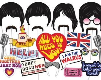 Vintage Rock Star Photo Booth Props, Rock Star Party Photo Booth Props, Beatles Inspired Party Photobooth Props - PRINTABLE- 1960's
