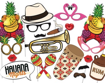 Havana Nights Photo booth Props Set - 20 Piece PRINTABLE - Fruit hat, Engagement party, 21st 30th 40th, Birthday decorations, Cuba, Tropical